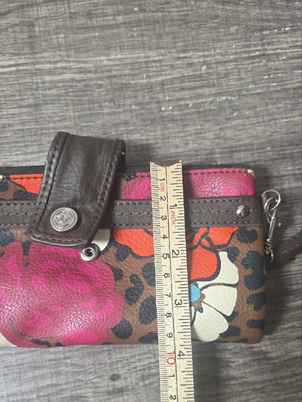 Relic Brown Floral Leopard Wristlet with Pink & Orange Accents